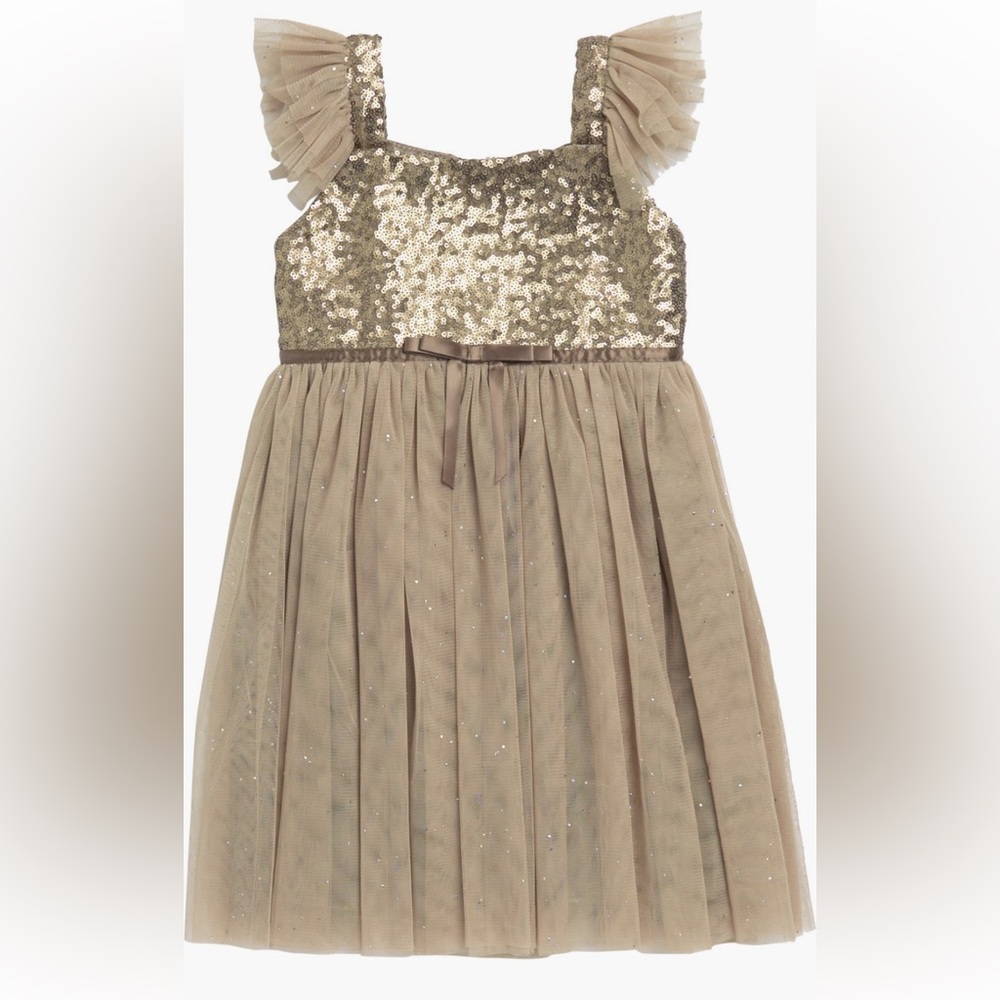 Popatu - Sequin Bodice Flutter-Sleeve Tulle Dress